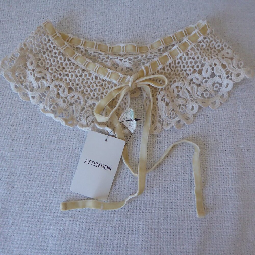Iori Beige Cream Crochet Ties Front Collar Boho Peasant Babydoll NWT